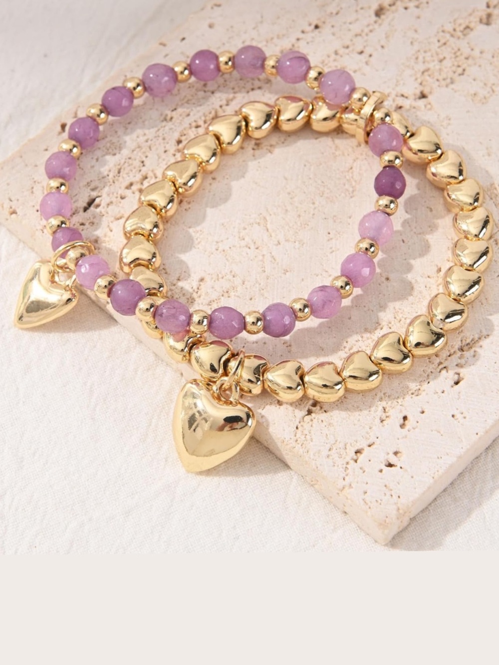 🆕New Purple Interwoven Gemstone Bracelet w/Heart Pendent-14K Gold Plated